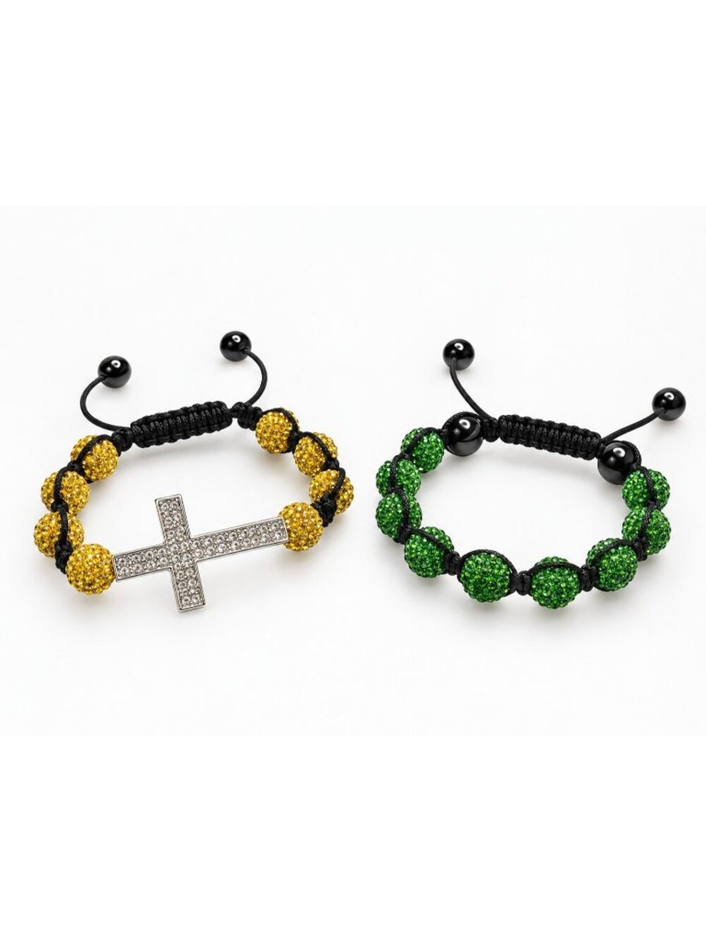 2 Adjustable Beaded Bracelets Rhinestone Cross Gold & Green Pave Shamballa NWOT